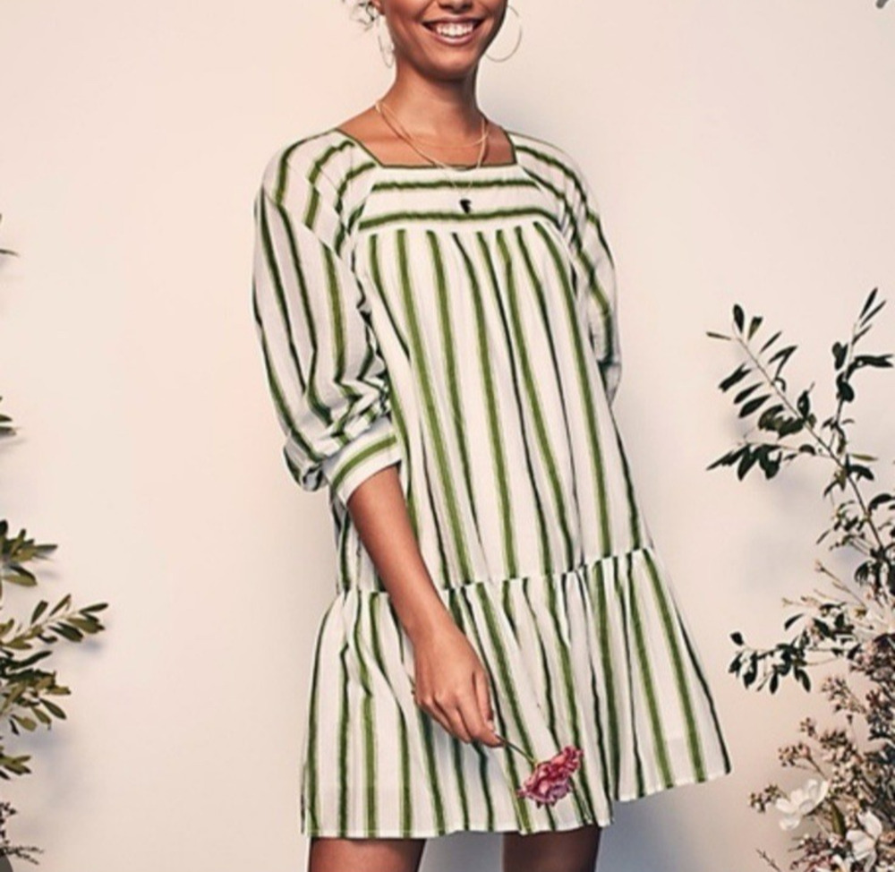 Happy X Nature Luna Dress Womens Large Green White Striped Square Neck Babydoll
